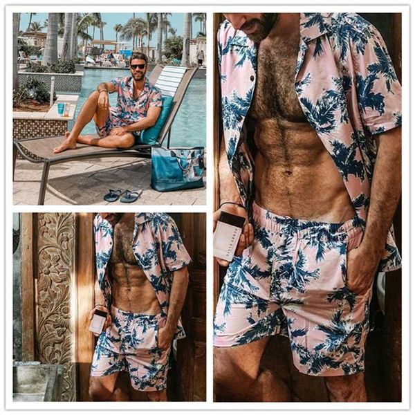 

2023 summer new men's print set hawaii beach short sleeve shirt shorts 2pc, Black