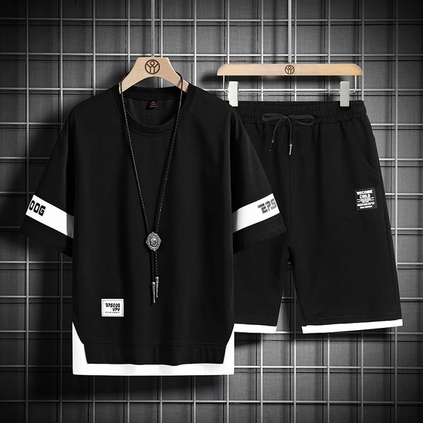 

men's tracksuits summer mens set hip hop fashion tracksuit t-shirt and shorts two piece set men patchwork color streetwear outfit set 2, Gray