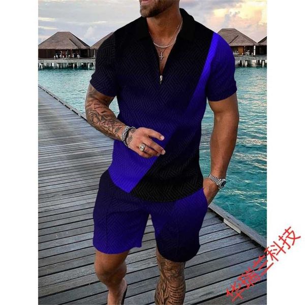 

2022 summer beach short sleeve shorts two piece sports casual men's set, Black