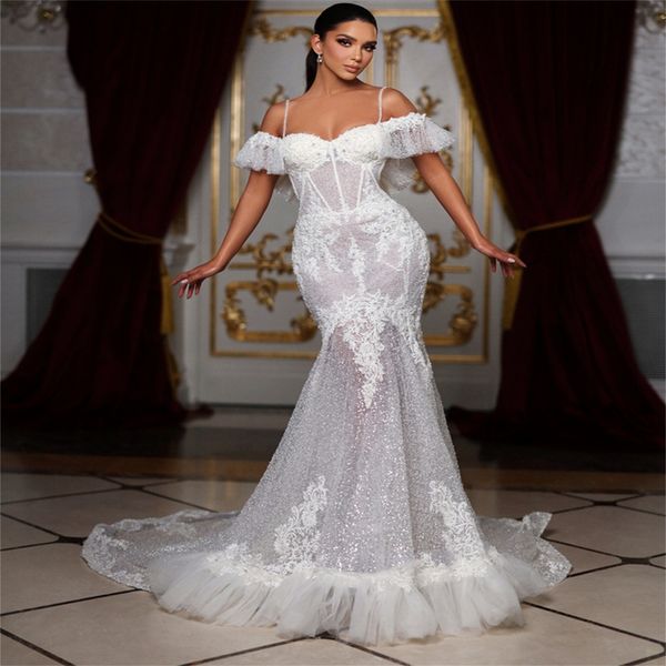 

elegant mermaid wedding dresses off the shoulder applicant on sequined backless lace tulle chapel gown custom ruffles made plus size bridal, White