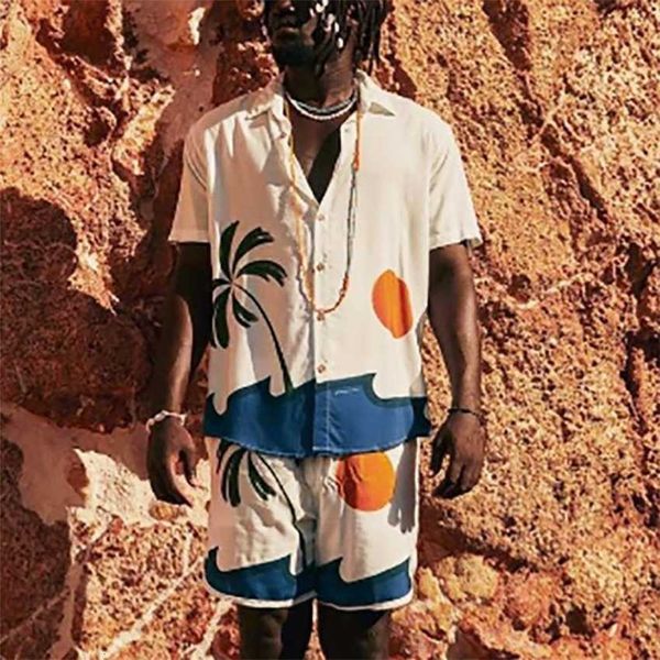 

new men's set 2022 summer print beach wear hawaii casual, Black