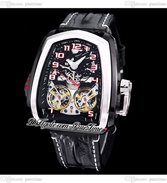 

twin turbo jcfm05 double tourbillon automatic mens watch two tone pvd steel red skeleton dial black leather strap white line super sports ca, Slivery;brown