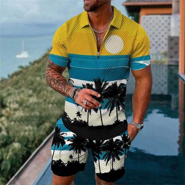 

men's beach print casual fashion zippered polo short sleeve suit, White;black