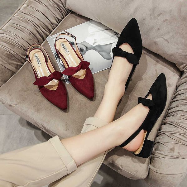 

sandals velvet bow-knot strap women sandals buckle pointy toe zapatos vintage closed toe mulea sandalias mujer mary janes shoes size 43 g230, Black