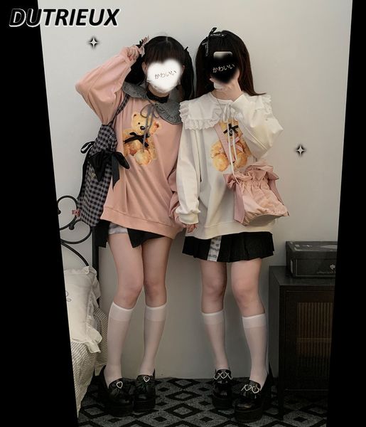 

men's hoodies sweatshirts cute doll collar girl cartoon bear loose sweatshirt coat women japanese lolita long sleeve pullover hoodie ja, Black
