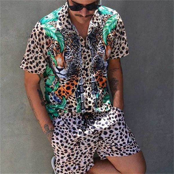 

2023 leopard print casual loose fashion 3d shirt beach pants set men, Black