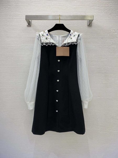 

spring summer ladies dresses shirts designer long dress heavy diamond inlay large lapel mesh lace sleeve color contrast skirt brand logo clo, Black;gray