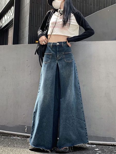 

women's jeans oversized retro tall pants high street wide feet fashion casual solid color straight trousers streetwear 230323, Blue