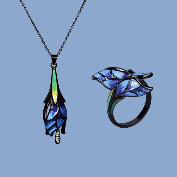 

colour enamels ring & necklace set butterfly flower style crystal inset 5sets/lot, Slivery;golden