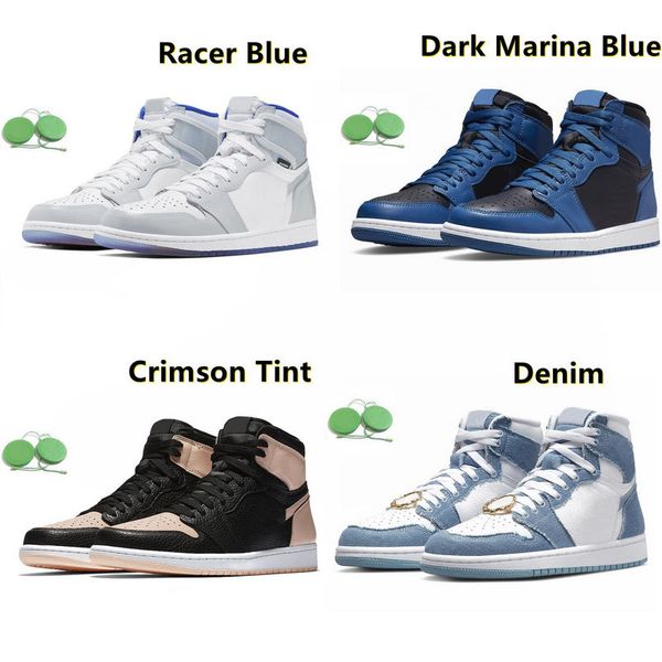 

racer blue 1 retro men/women/kids basketball shoes 1s dark marina blue female athletic shoes crimson tint black youth gs trainers denim spor