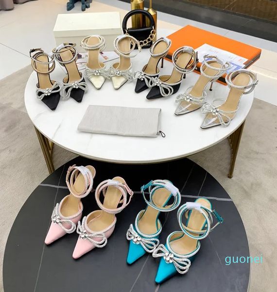 

2023 women dress shoes luxury mach heel designer womens high silk satin double bow crystal pumps lady fashion sandals with box classic weddi, Black