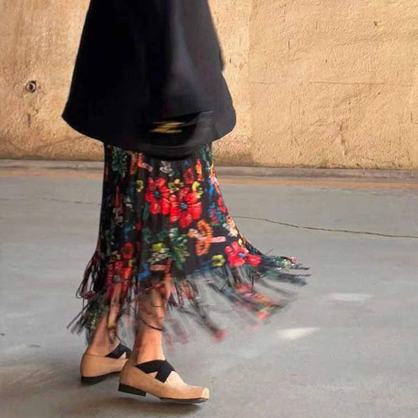 

skirts miyake style highend fashion tassel women's summer 2023 slim fit waistcontrolled pleated printed women 230323, Black