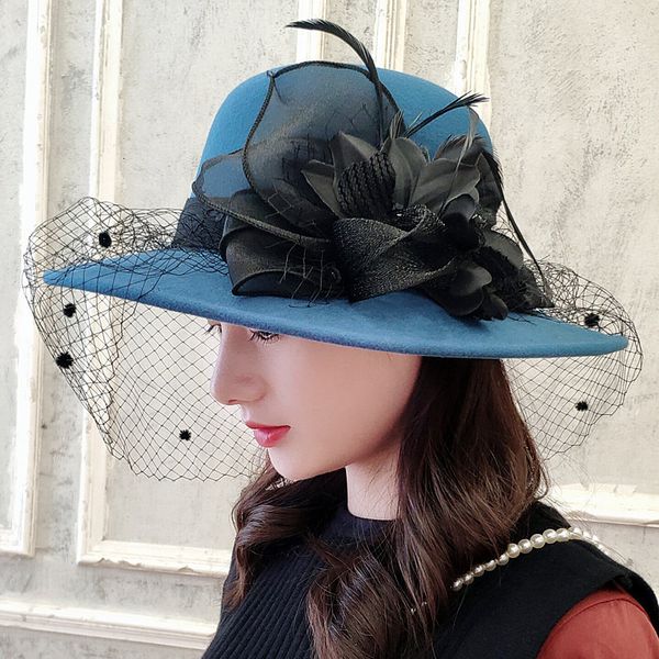

stingy brim hats wide brim church wool hat imiation wool cap for women big brim floral bucket warm winter wedding caps 230323, Blue;gray
