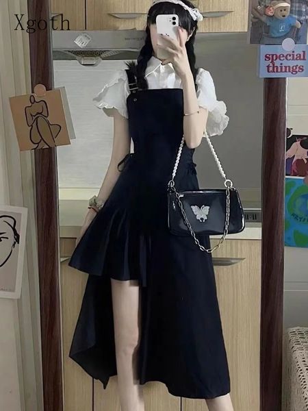 

two piece dress xgoth women shirt dress suits ss gentle streetwear korean slim ruffled shirt irregular suspender skirt 2pcs set/single piece, White