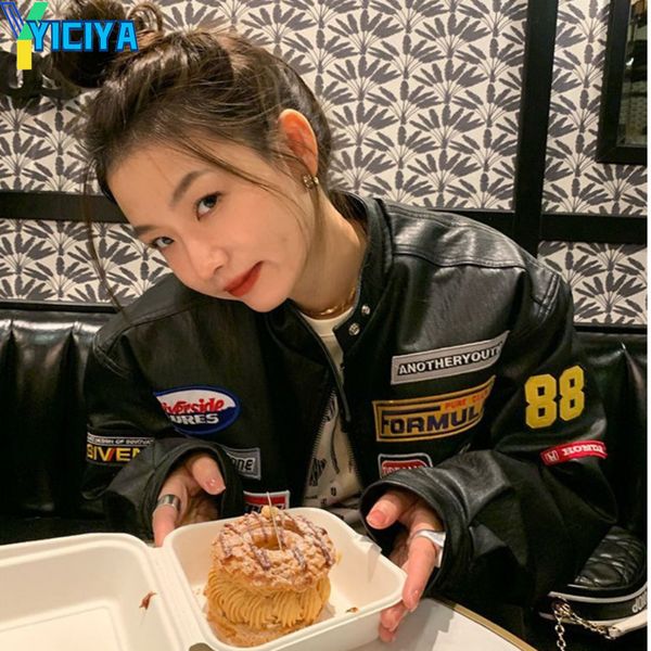

women's jackets yiciya jacket bomber women outerwear black pu y2k vintage varsity racing american oversize baseball jacket design 23032, Black;brown
