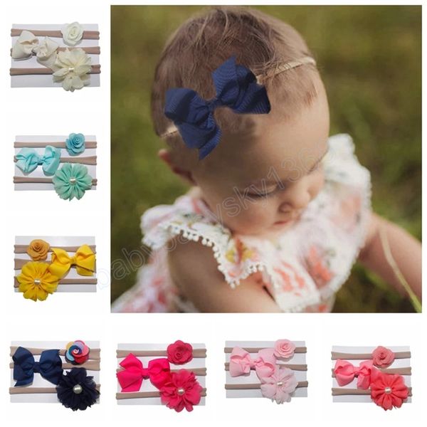 

baby girl floral bows headband nylon flower crown elastic hairband 3pcs hair accessories gift for girls, Slivery;white