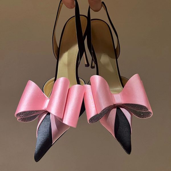 

mach sandals mach bow triple heart wedding heeled shoes dress shoe luxury designer satin crystal-encrusted back strap pointed toe sandal 10c, Black
