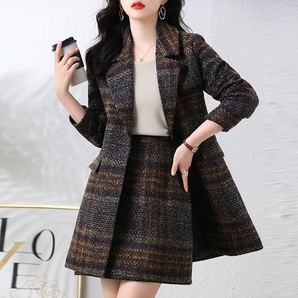 

two piece dress autumn thick wool plaid matching set blazer and aline mini skirt korean long office lady casual sets 230324, White