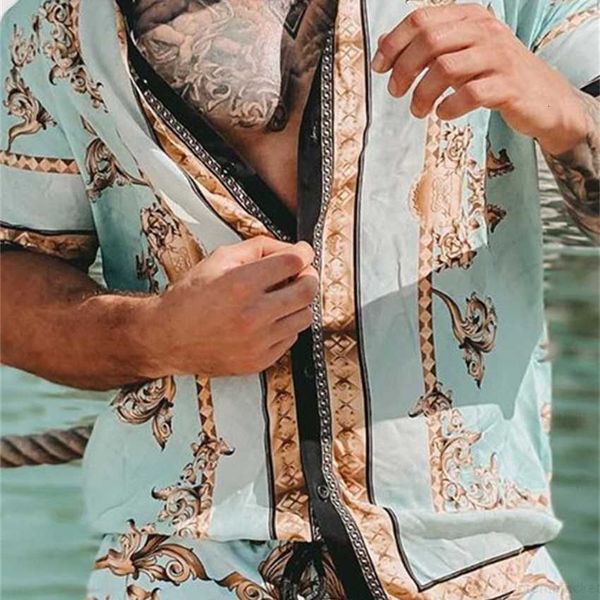 

summer casual loose print two piece shirt beach set men, White;black