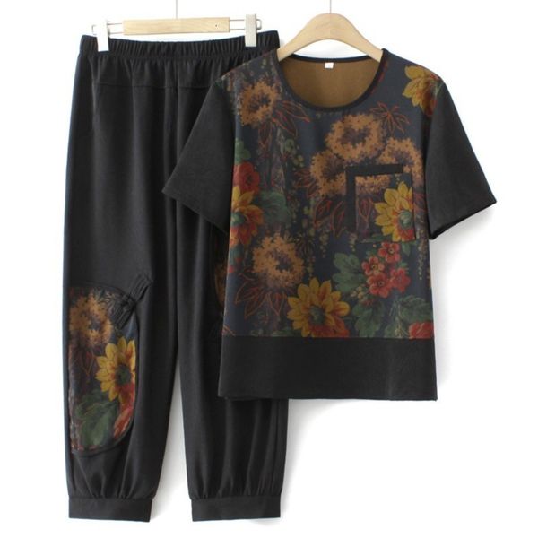 

women's plus size pants 7xl summer women sets 2023 spring print short sleeve elastic waist ankle length oversized curve clothes 230324, Black