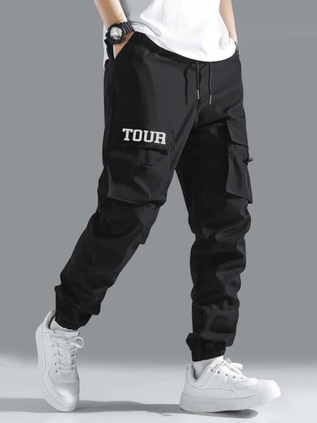 

mens pants men letter graphic drawstring cargo pants aechoice 230323, Black