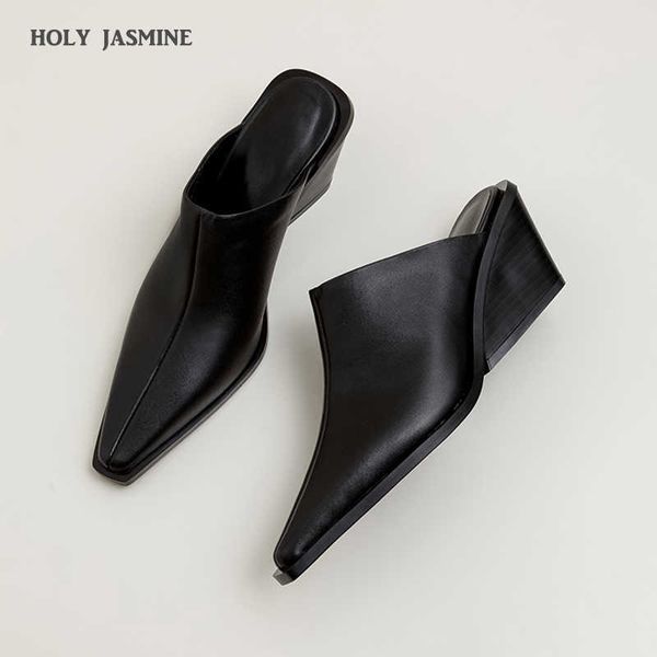 

brand new ladies genuine leather mules fashion med chunky heels summer wedges slippers women 2022 casual office shoes woman 0324, Black