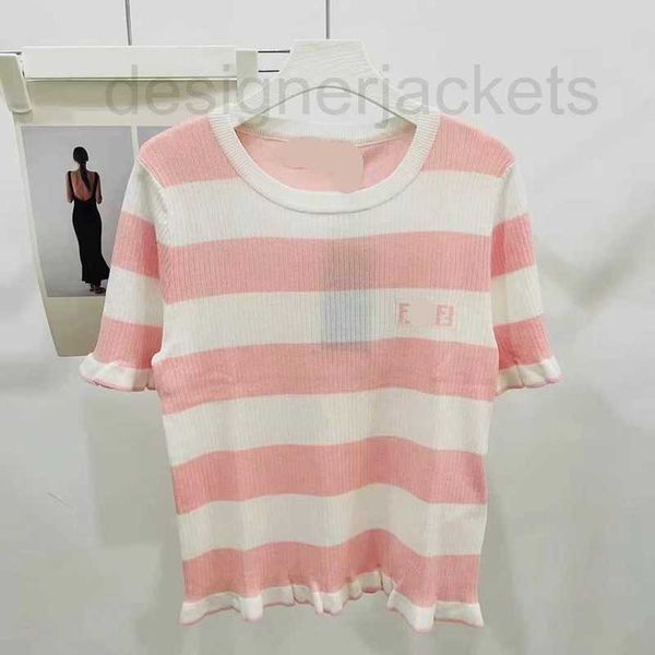 

women's t-shirt designer dearly spring new stylepink girl seriesletter jacquard stripe contrast round neck knitting tshirt for slimming, White