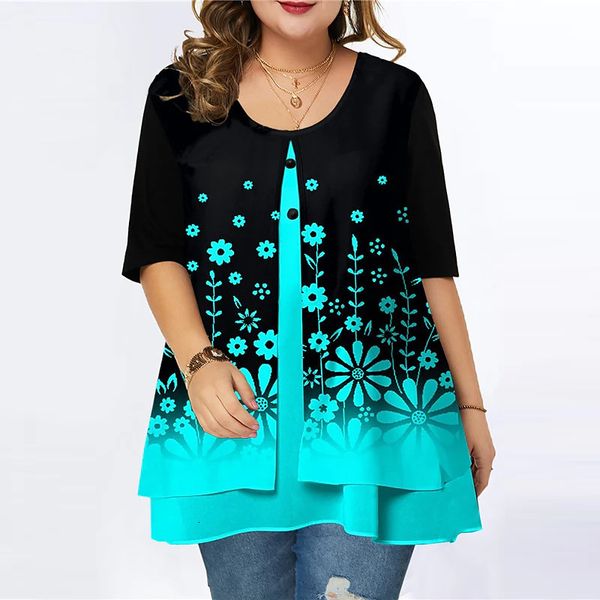 

women's plus size tshirt big size 6xl summer woman tshirt casual loose fake two pieces chiffon tshirts female plus women clothing large, Black