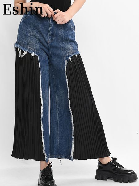 

women's pants s eshin pleated long high waist blue casual wide leg denim trousers loose fit pant fashion spring autumn th495 230323, Black;white