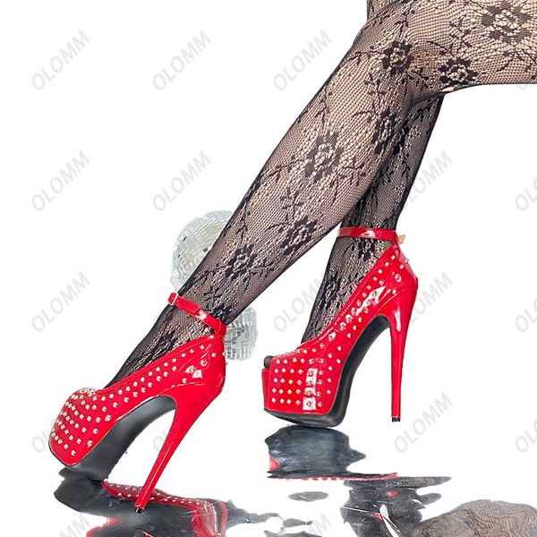 

olomm handmade women platform pumps studded stiletto heels peep toe pretty burgundy cosplay shoes ladies plus us size 5-20, Black