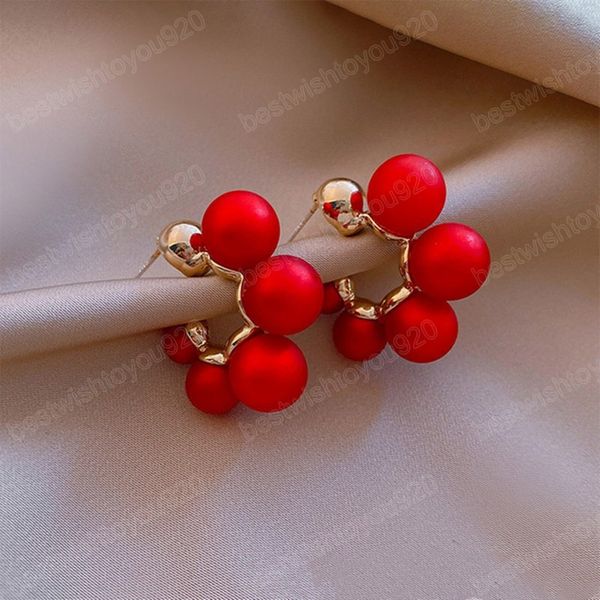 

vintage red pearl round silver color stud earrings for women wedding party elegant jewelry fashion accessories gifts, Golden;silver