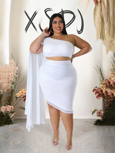 

women's plus size pants chic and elegant woman set party fashion suit one shoulder dress s twopiece wholesale drop 230324, Black
