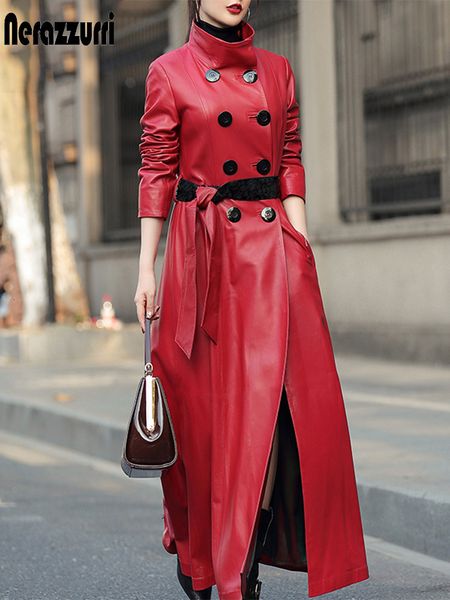 

women's jackets nerazzurri autumn maxi red pu leather trench coat for women long sleeve belt double breasted elegant luxury runway fash, Black;brown
