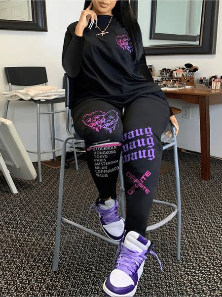 

women's plus size pants lw tracksuit heart letter print set two piece sets long sleeved hoodies fashion winter sportswear 230324, Black
