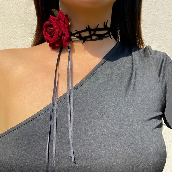 

large rose flower choker necklace for women long lace-up flannelette bramble rope collar fashion accessories on neck ladies, Golden;silver