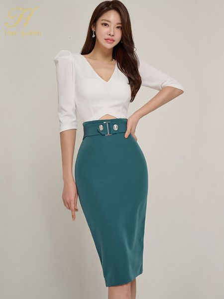 

two piece dress h han queen spring summer skirt suit women elegant korean vneck fashion sheath pencil casual party 2piece set 230324, White