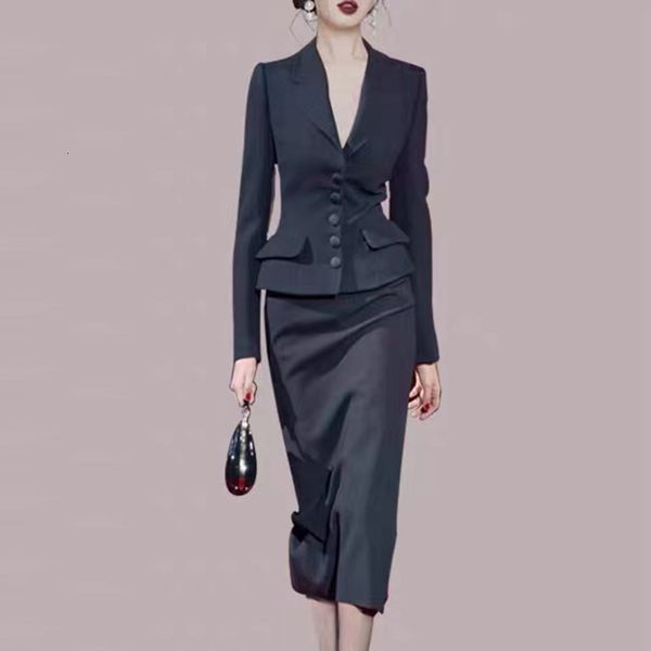 

two piece dress occupation spring notched collar slim blazer coat bodycon midi skirt fashion 2 pcs set office work sets 230324, White