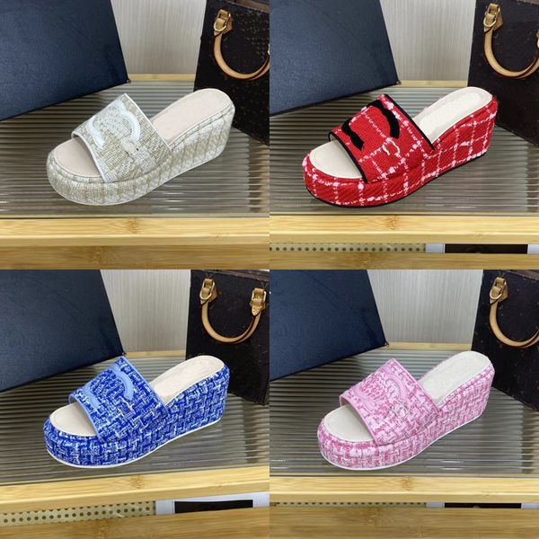 

2023 designer luxury embroidery high-heeled slippers classic womens lazy fabric upper red/blue/pink/white slides wedge-heeled sandals ladies, Black