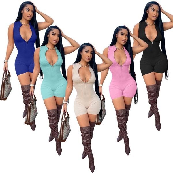 

wholesale boutique women one piece outfits rompers solid ribbed zip deep v playsuits summer sleeveless short jumpsuits designer 9578, Black;white
