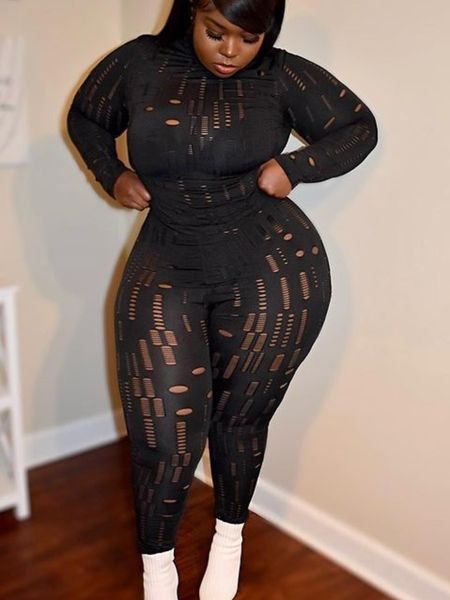 

women's plus size pants lw seethrough skinny stretchy set female gauze long sleeve turtleneck olid sheath matching outfits 230324, Black