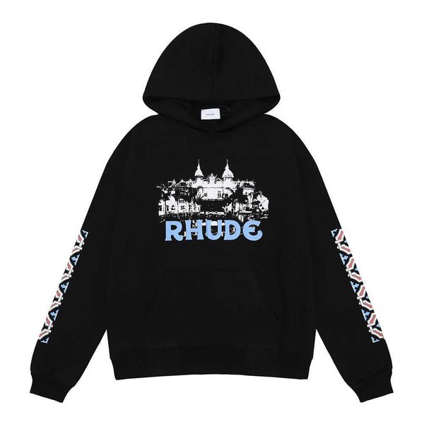 

fashion shangjiu autumn and winter popular rhude castle printed cotton terry hoodie sweatshirt for men women, Black