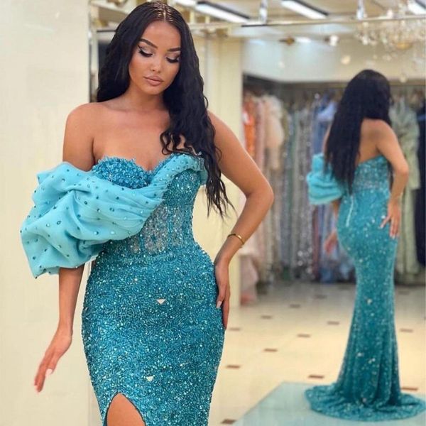 

sea blue off shoulder mermaid prom dresses sequined crystals party dresses side split glitter custom made evening dress, Black;red