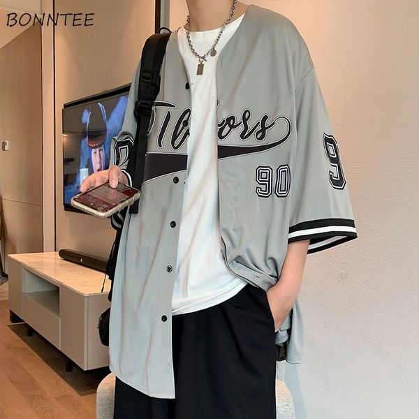 

men's casual shirts men short sleeve shirts vintage fashion streetwear hip-hop v-neck summer ins baseball outwear chic korean style har, White;black