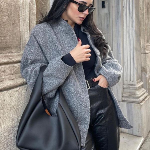 

women's jackets gasparine with buttons bombers gray long sleeve coat 2023 spring winter female warm pockets outwear 230323, Black;brown