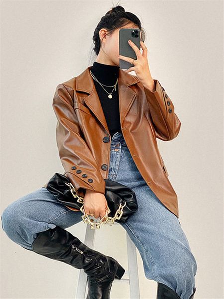 

women's jackets korean fashion pu leather women casual high street female moto biker 2023 spring pocket harajuku loose suit 230324, Black;brown