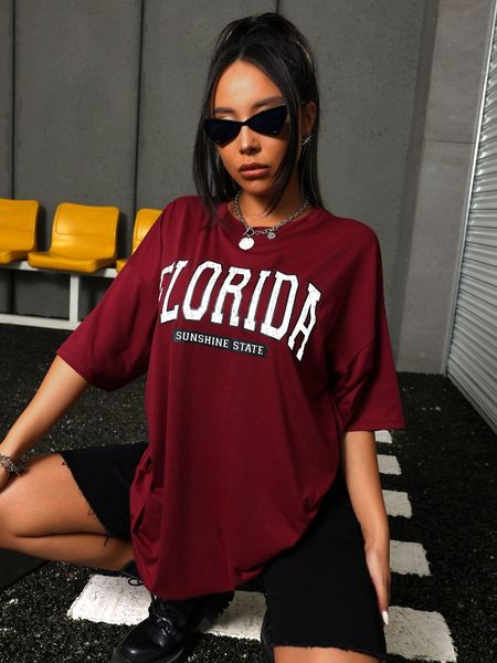 

women's t-shirt florida the sunshine state letter printed t-shirts women street hip hop short sleeve 100% cotton personality loose tee, White
