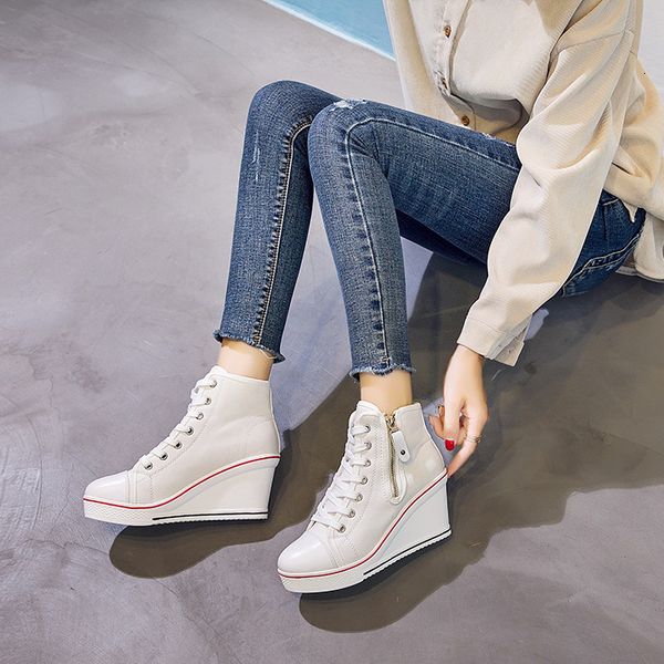 

dress shoes korean version of large size canvas shoe's slope heel side zipper increased casual highshoe 230324, Black