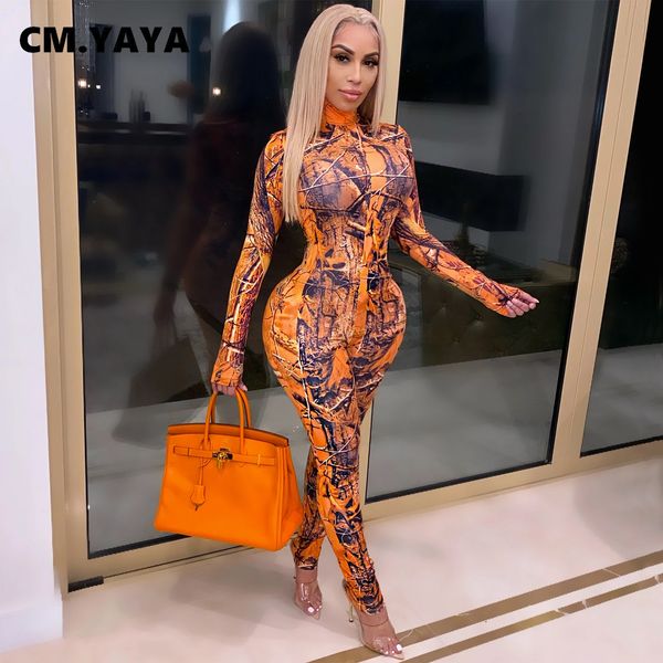 

women's jumpsuits rompers cm.yaya active tie dye letter print turtleneck bodycon jumpsuit for women club overall bodycon rompers outfit, Black;white