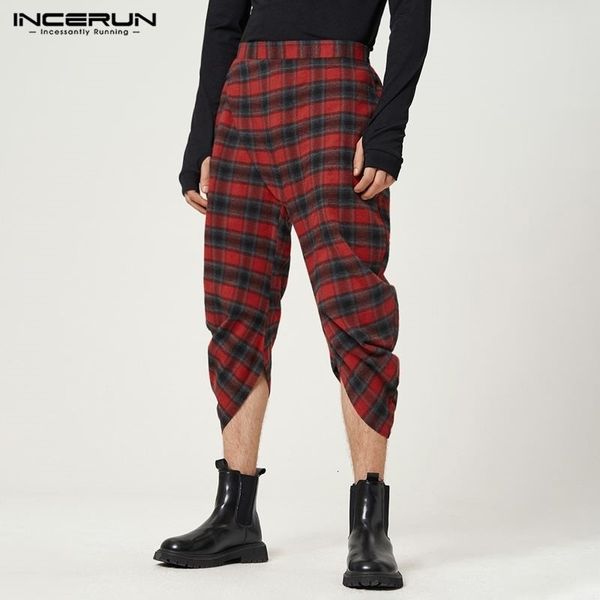 

men's pants incerun men plaid elastic waist streetwear loose wide leg irregular trousers joggers 2023 vintage leisure pantalon s 5xl l2, Black