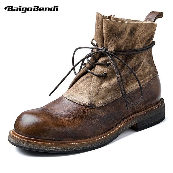 

boots oh my god men's winter leather boots lace up warm fur cowhide western cowboy mixed color desert shoes casual 230324, Black